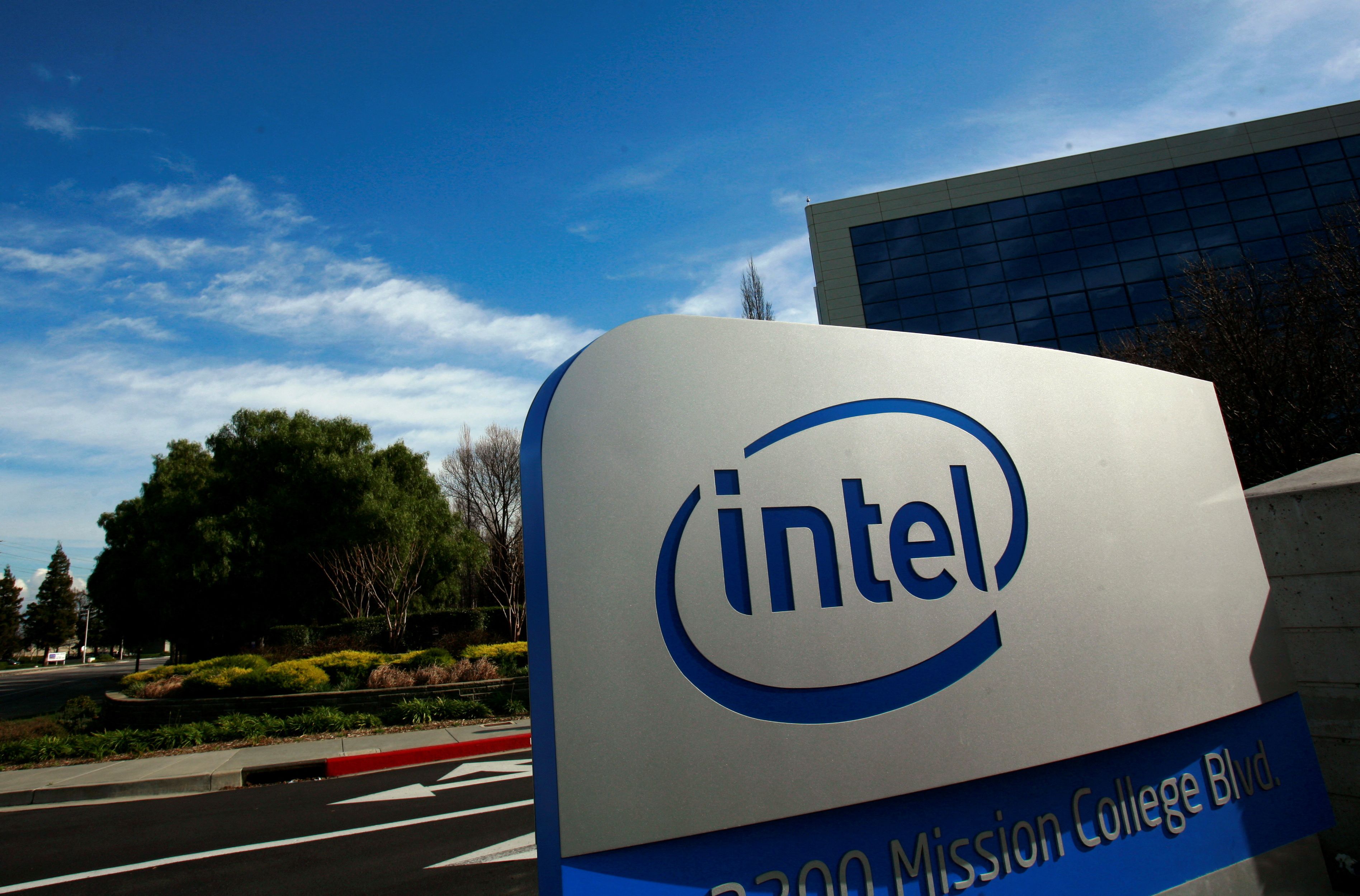 A sign is shown at the entrance to the headquarters of Intel Corporation.