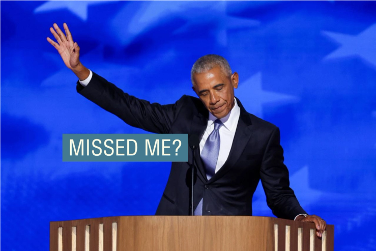 Barack Obama, in a dark suit and light tie, raises his hand dramatically while addressing the Democratic National Convention.