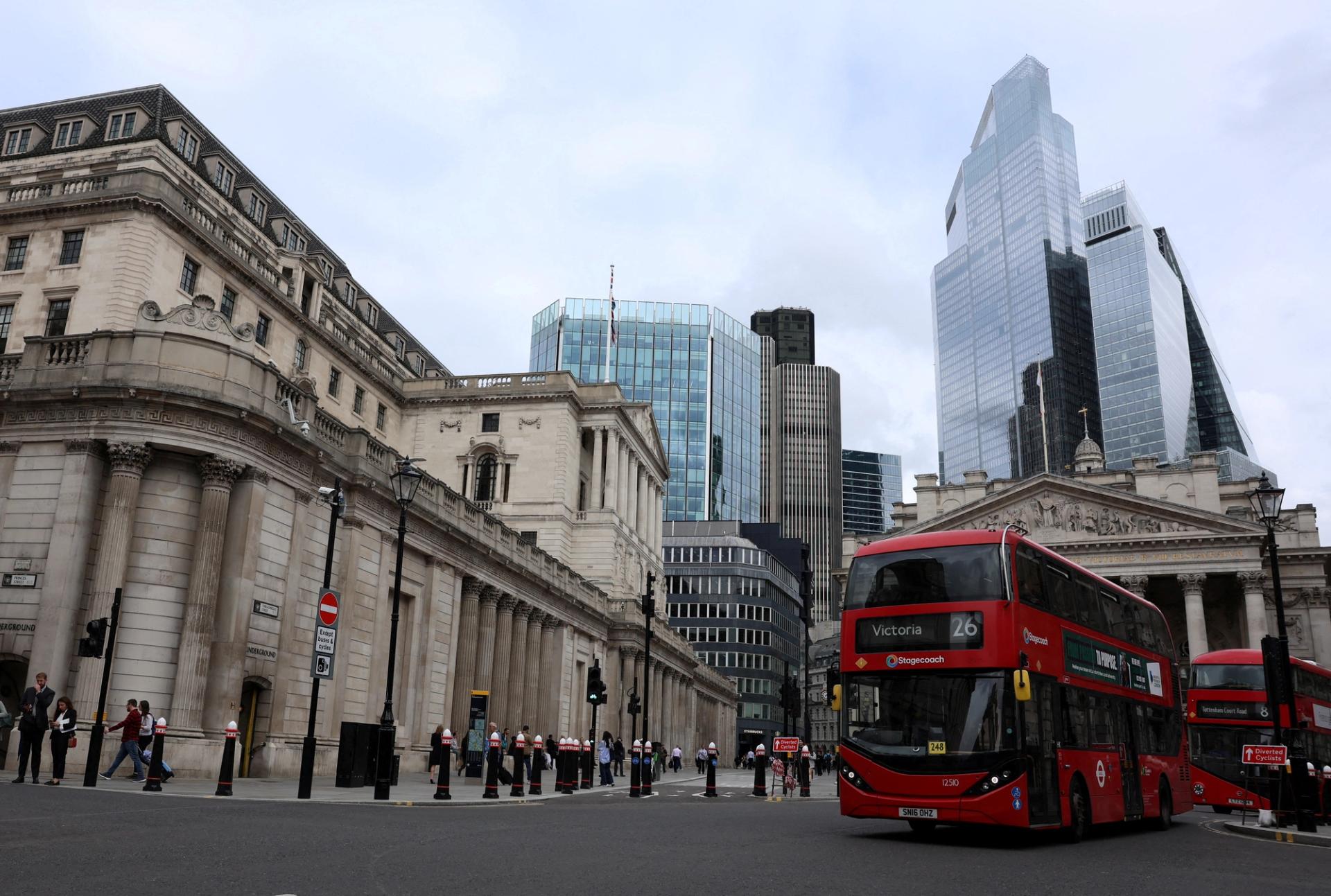 The Bank of England building and the financial district in London