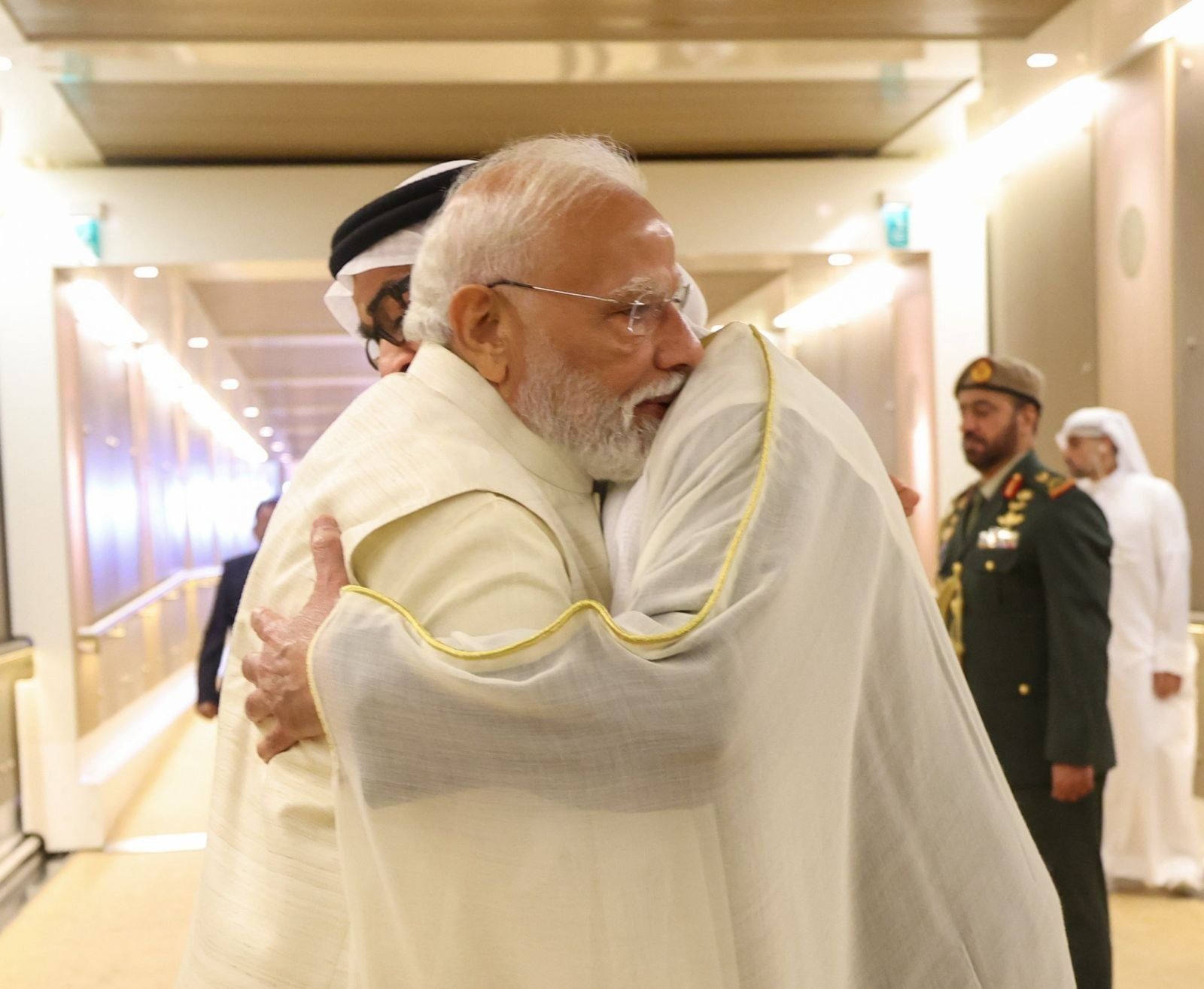 Narendra Modi and UAE President Sheikh Mohamed bin Zayed share a hug.
