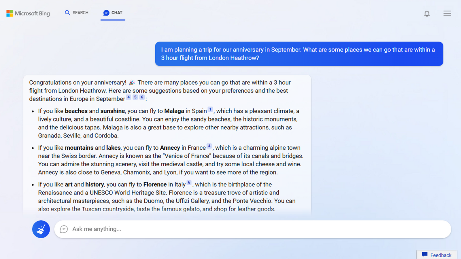 A screenshot showing the new Bing Chat.