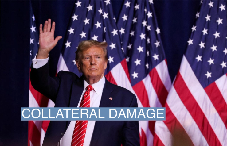 Republican presidential candidate and former U.S. President Donald Trump gestures during a campaign rally at the Forum River Center in Rome, Georgia, on March 9, 2024.