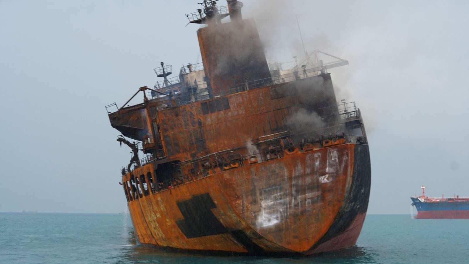 A foreign tanker carrying Iraqi fuel oil damaged after catching fire in Iraq’s territorial waters, near Basra.