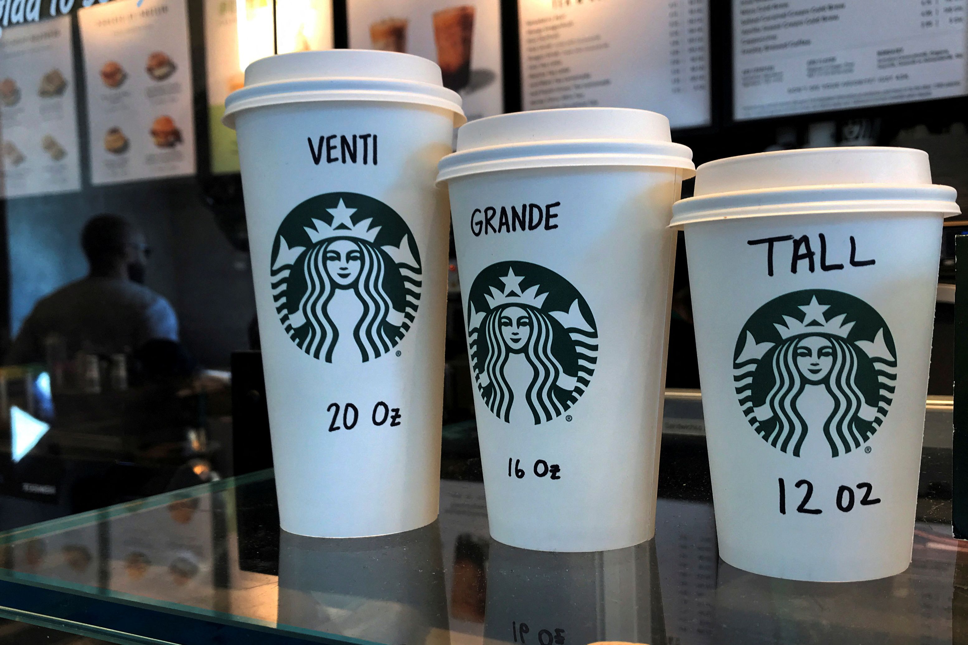 Starbucks cups are pictured on a counter in the Manhattan borough of New York City on February 16, 2022.