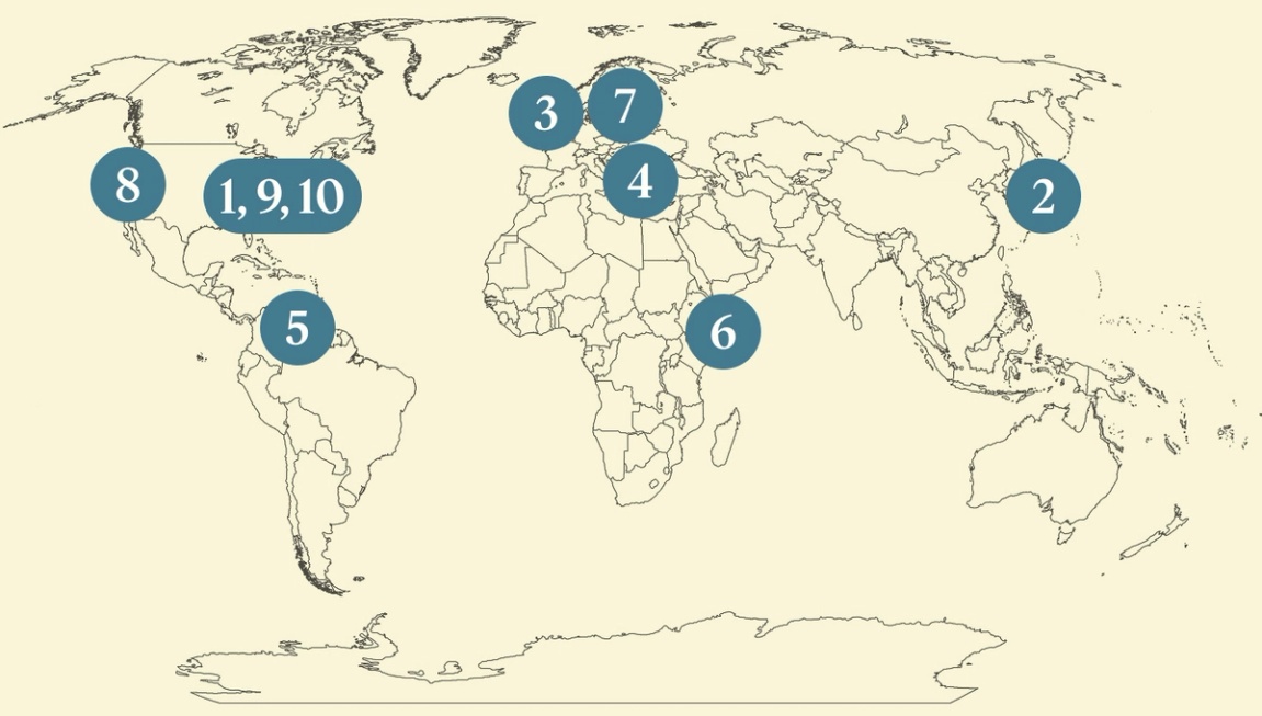 A numbered map of the world.