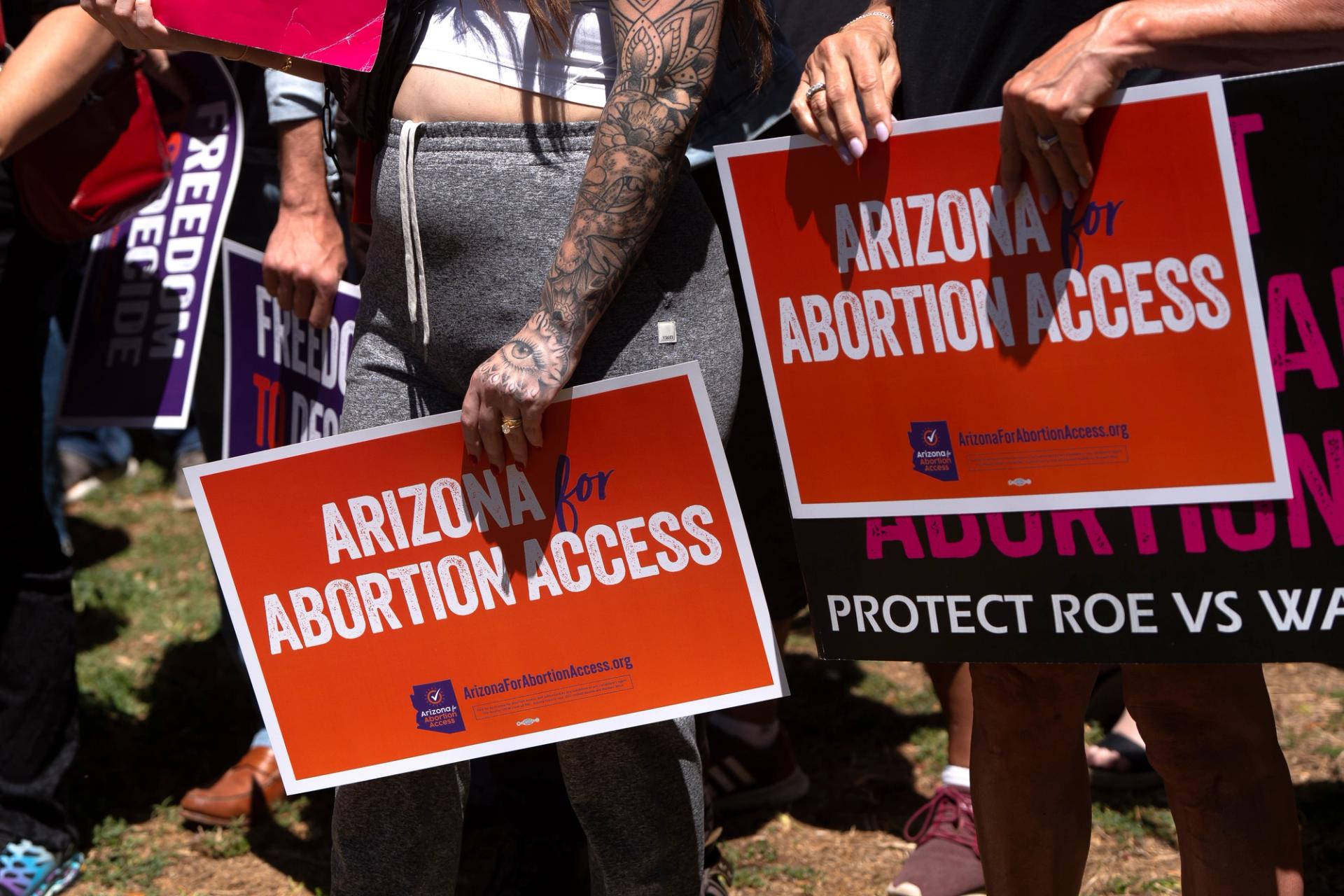  Members of Arizona for Abortion Access, the ballot initiative to enshrine abortion rights in the Arizona State Constitution, hold a press conference and protest condemning Arizona House Republicans and the 1864 abortion ban on April 17, 2024.