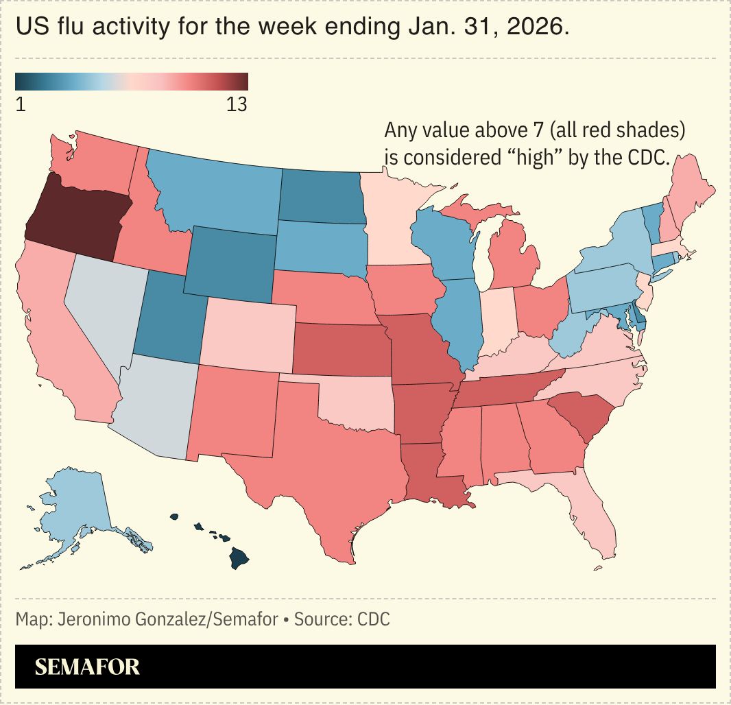 A map showing US flu activity. 
