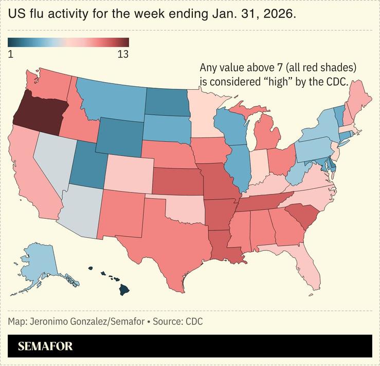 A map showing US flu activity.