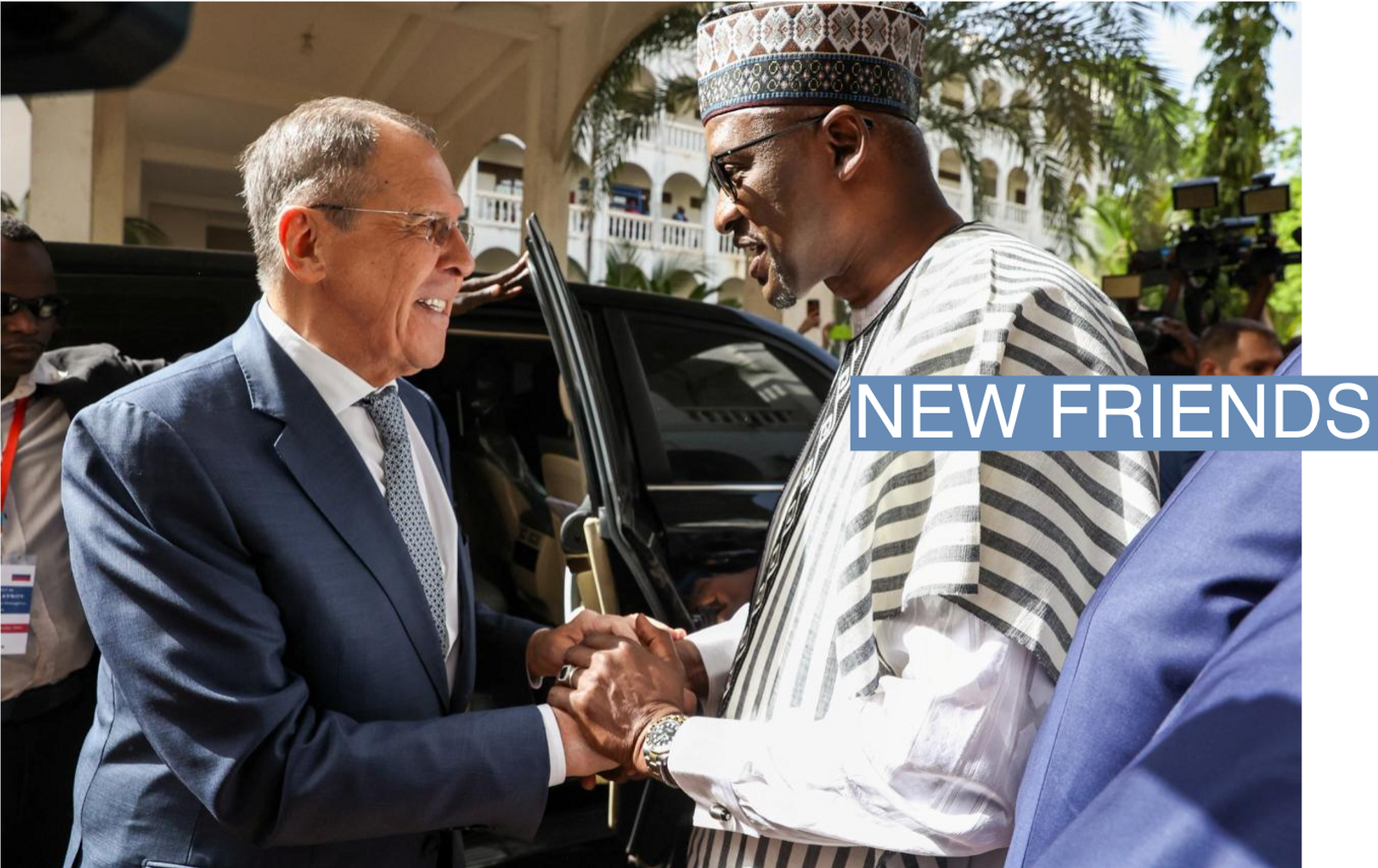Russian Foreign Minister Sergei Lavrov is welcomed by his Malian counterpart Abdoulaye Diop before their talks in Bamako, Mali, February 7, 2023. 