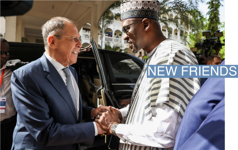 Russian Foreign Minister Sergei Lavrov is welcomed by his Malian counterpart Abdoulaye Diop before their talks in Bamako, Mali, February 7, 2023.