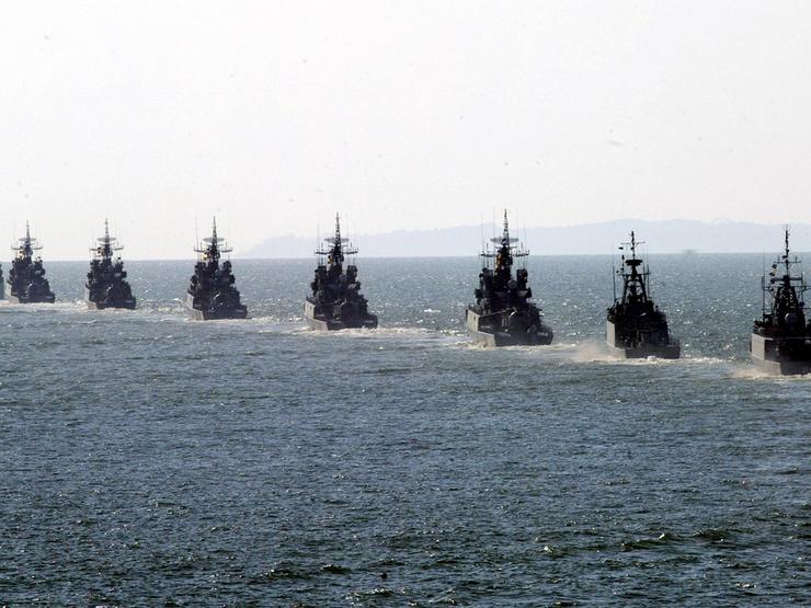 A series of naval vessels.