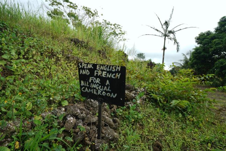 A sign saying “Speak English and French for a bilingual Cameroon,” outside an abandoned school on May 22, 2019, in a rural part of southwestern Cameroon.