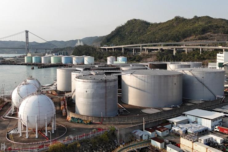 A drone view shows oil storage tanks at a depot at Tsing Yi port in Hong Kong.