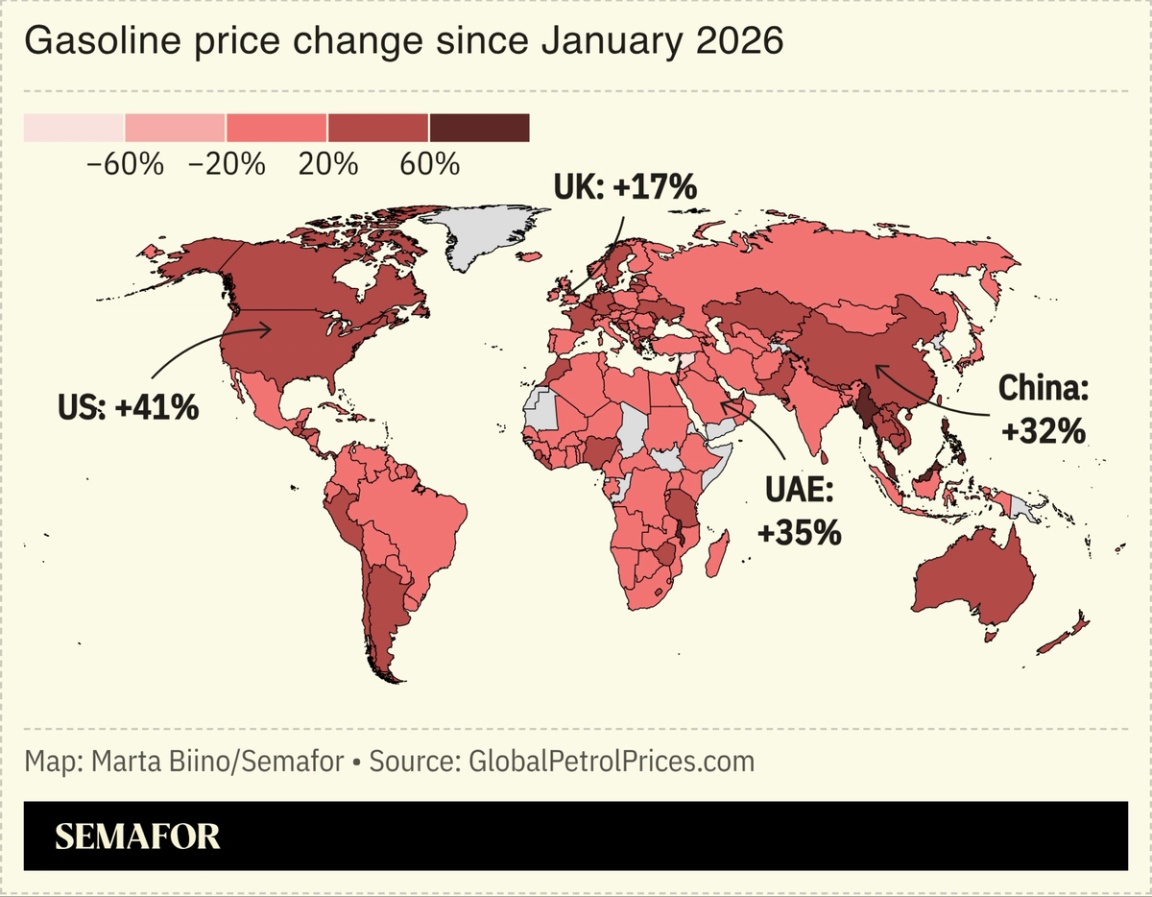 Map showing the change in gasoline prices globally since January