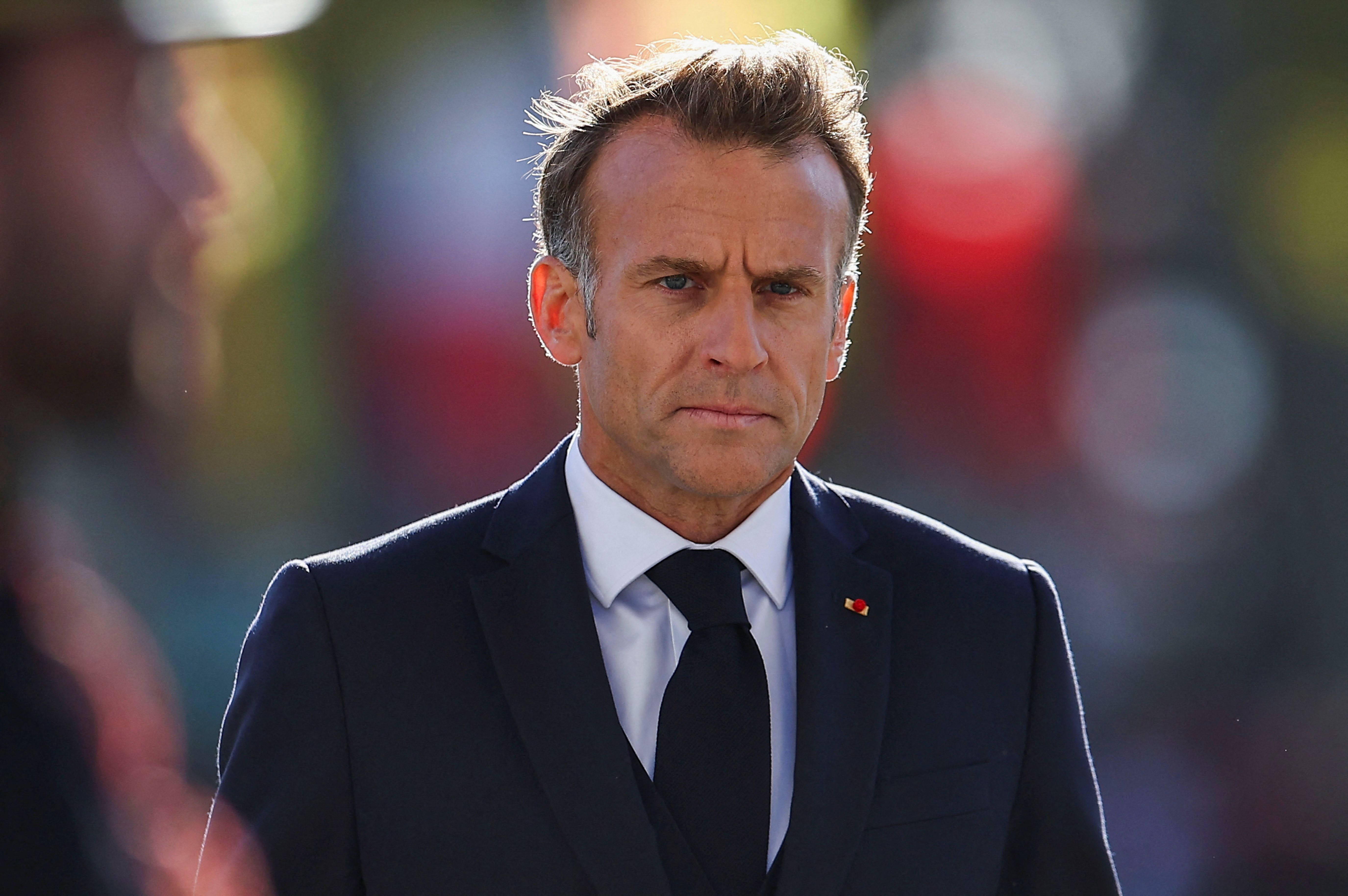 French President Emmanuel Macron during a welcome ceremony for German President Frank-Walter Steinmeier, Oct. 8, 2026.