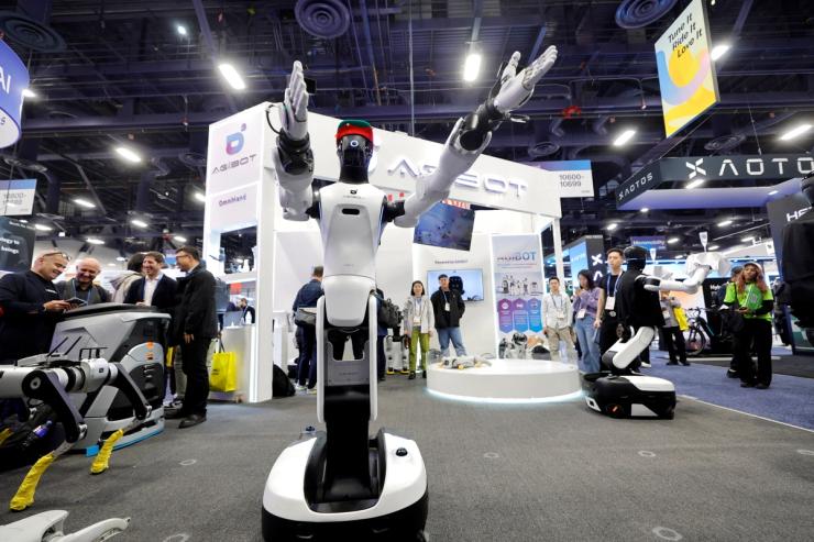 An AgiBot robot “dances” to music during CES 2026, an annual consumer electronics trade show.