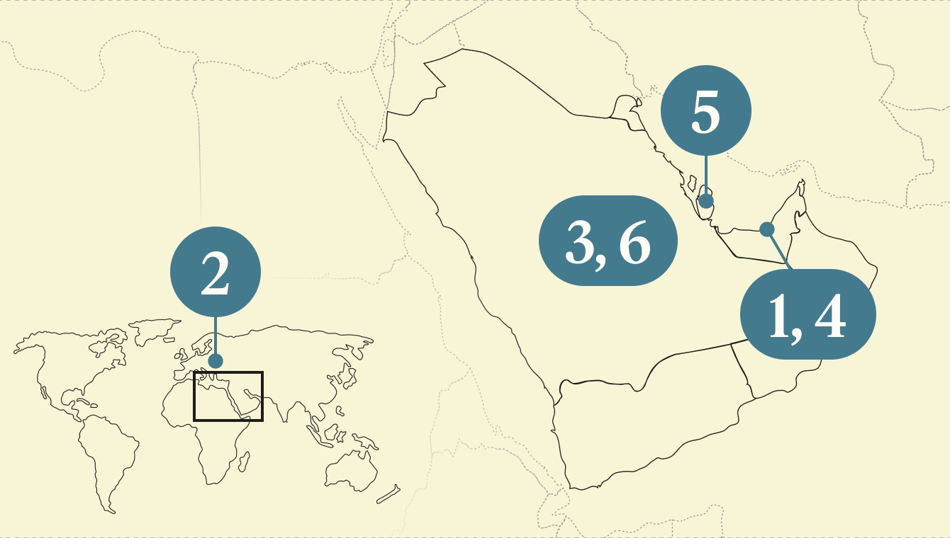 A numbered map of the Gulf region.