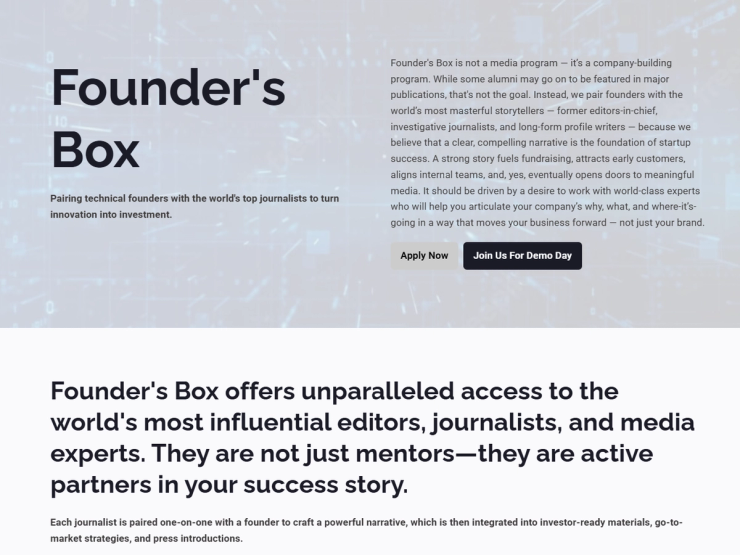 Screenshot of Founder’s Box website