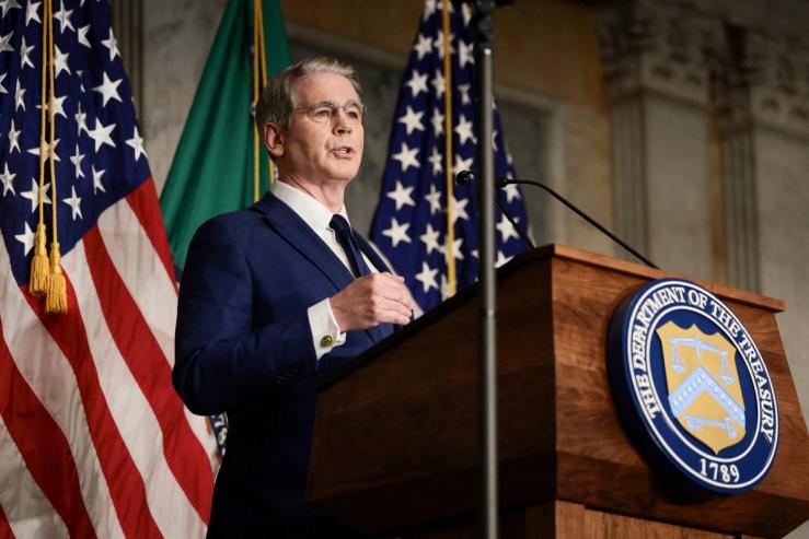 U.S. Treasury Secretary Scott Bessent speaks during a press conference to outline further sanctions against Iran.