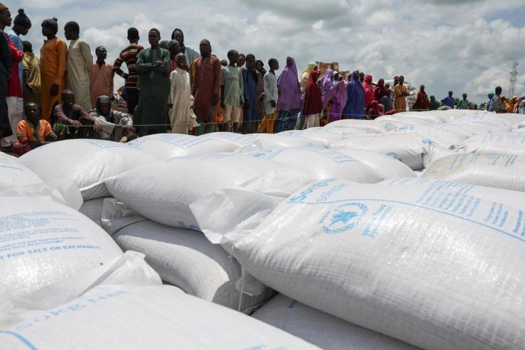 Bags of USAID food at a refugee camp in Nigeria.