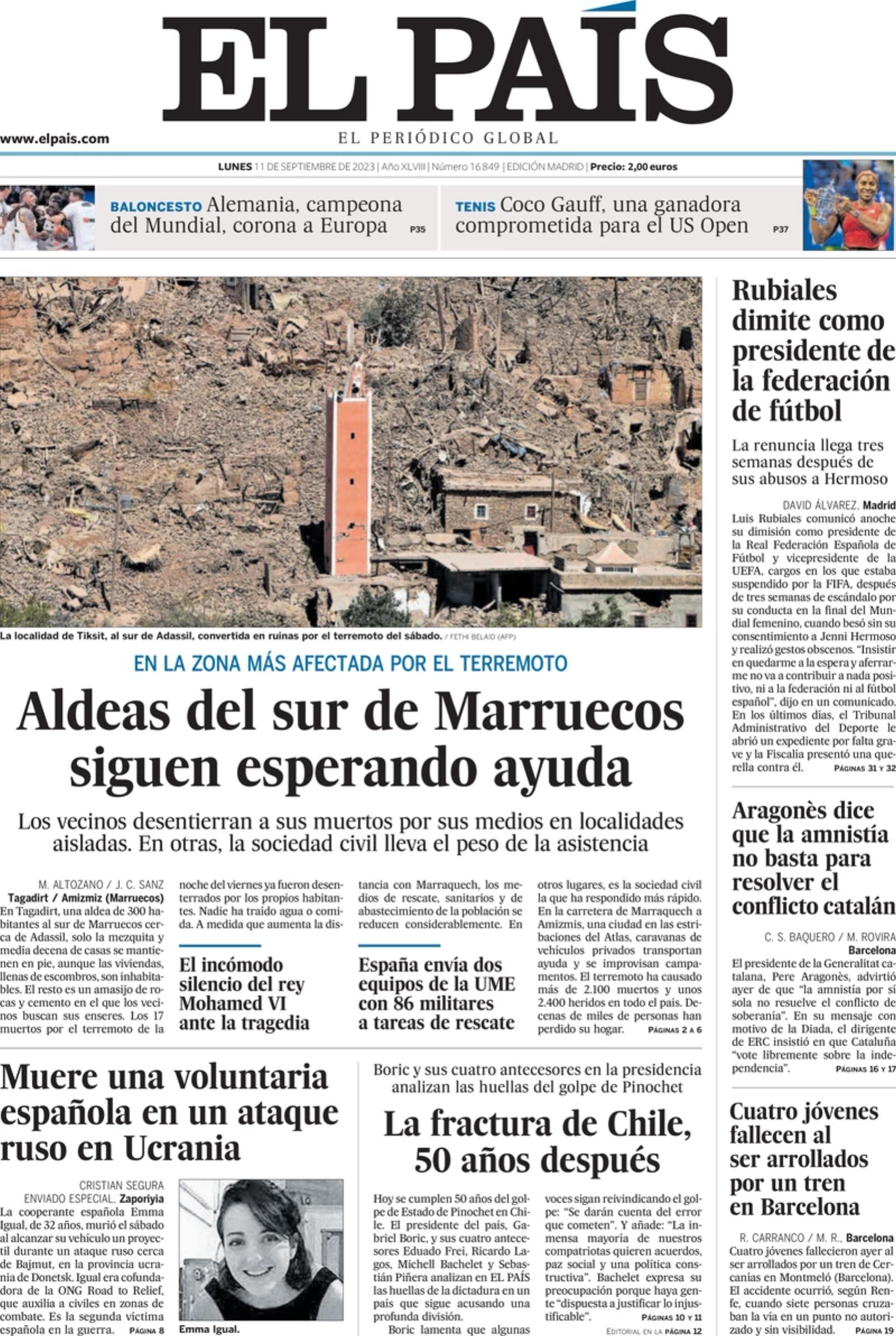 The front page of El Pais, Sept. 11, 2023
