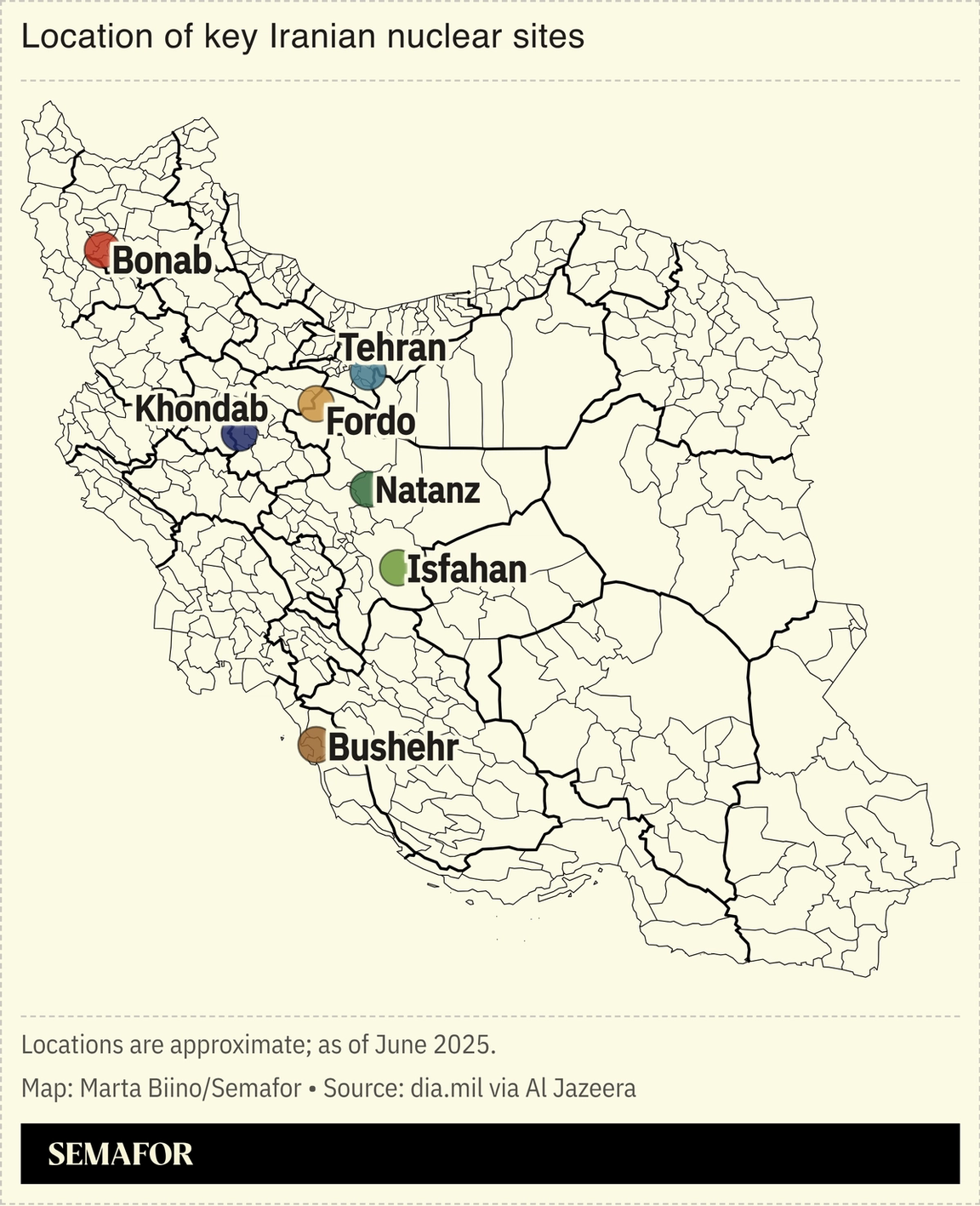 A map showing the location of key nuclear sites in Iran.