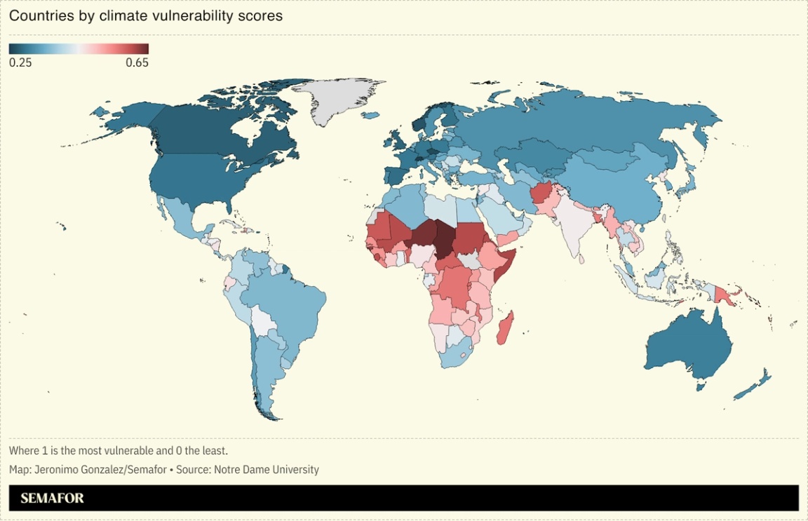 A map showing global climate vulnerability scores.
