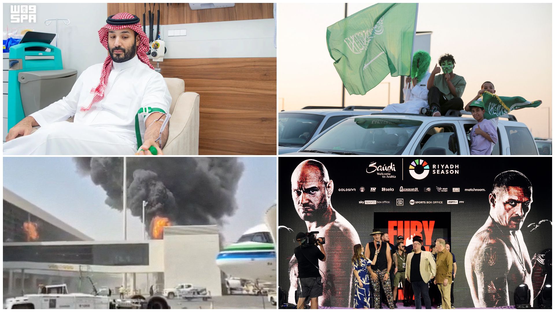 Visitors at Boulevard World, Saudis celebrate national day, Mohammed Bin Salman donating blood, strikes on King Khalid International Airport, Usyk V Fury at Riyadh Season 2024.