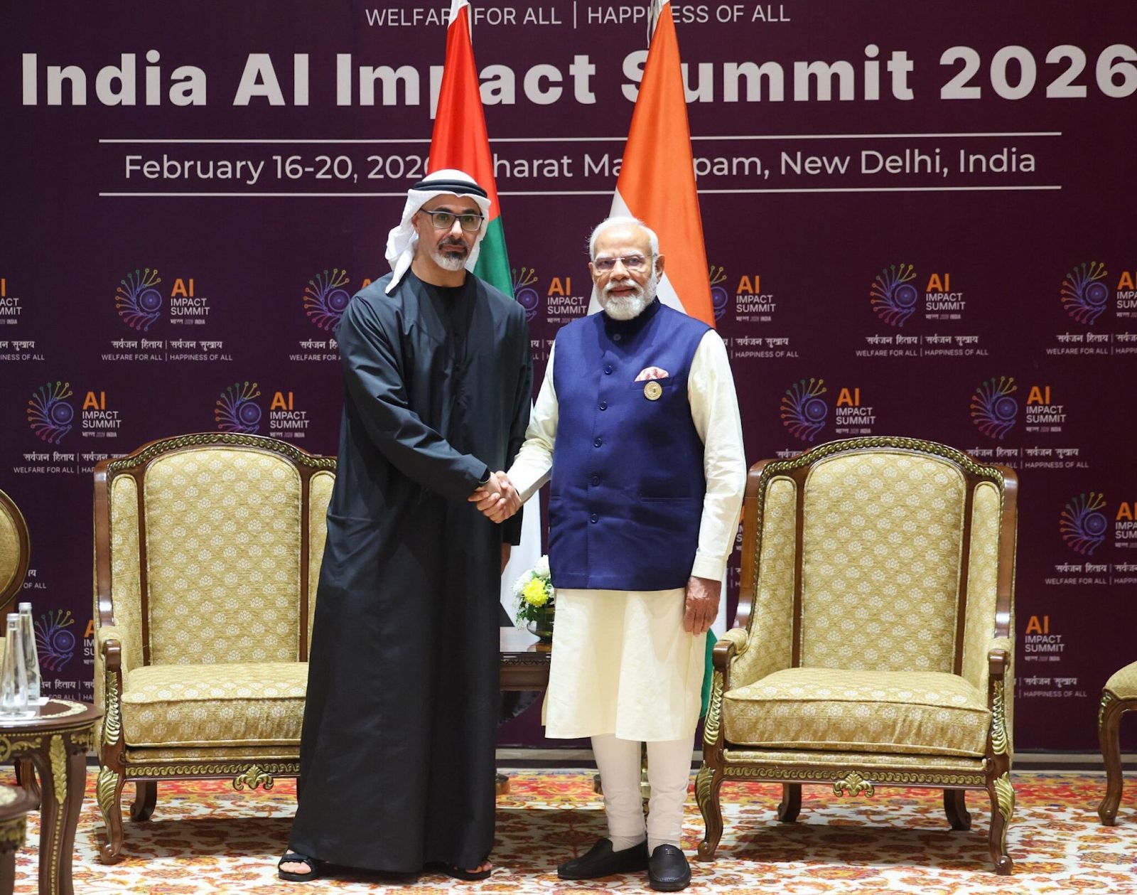 Sheikh Khaled bin Mohamed, Crown Prince of Abu Dhabi, with Indian Prime Minister Narendra Modi on the sidelines of the India AI Impact Summit in New Delhi.