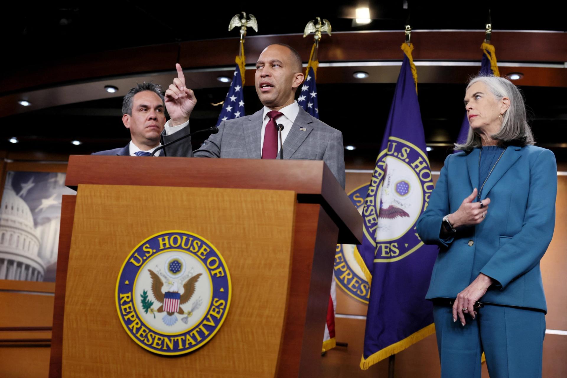 House Minority Leader Hakeem Jeffries, House Democratic Whip Katherine Clark, and House Democratic Caucus Chair Pete Aguilar.