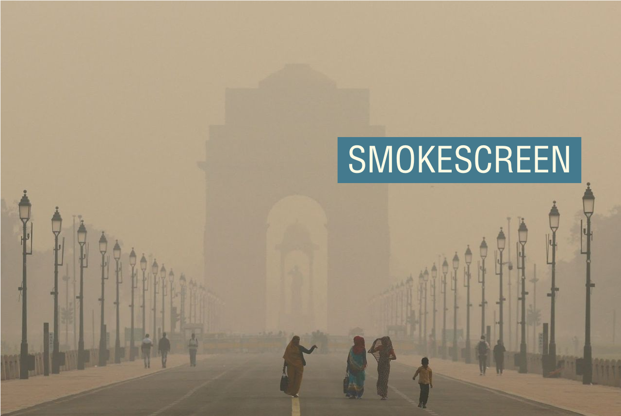 People walking through thick smog