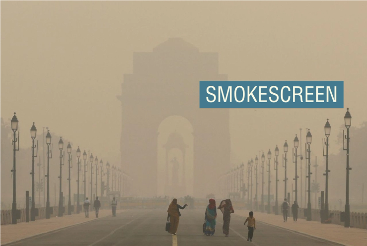People walking through thick smog