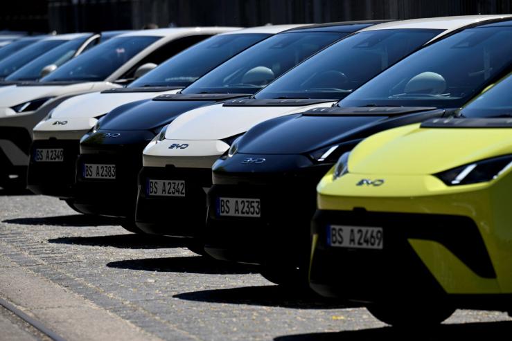 BYD Dolphin Surf electric cars are parked infront of the venue where BYD carmaker holds a vehicle presentation event in Berlin, Germany May 21, 2025.