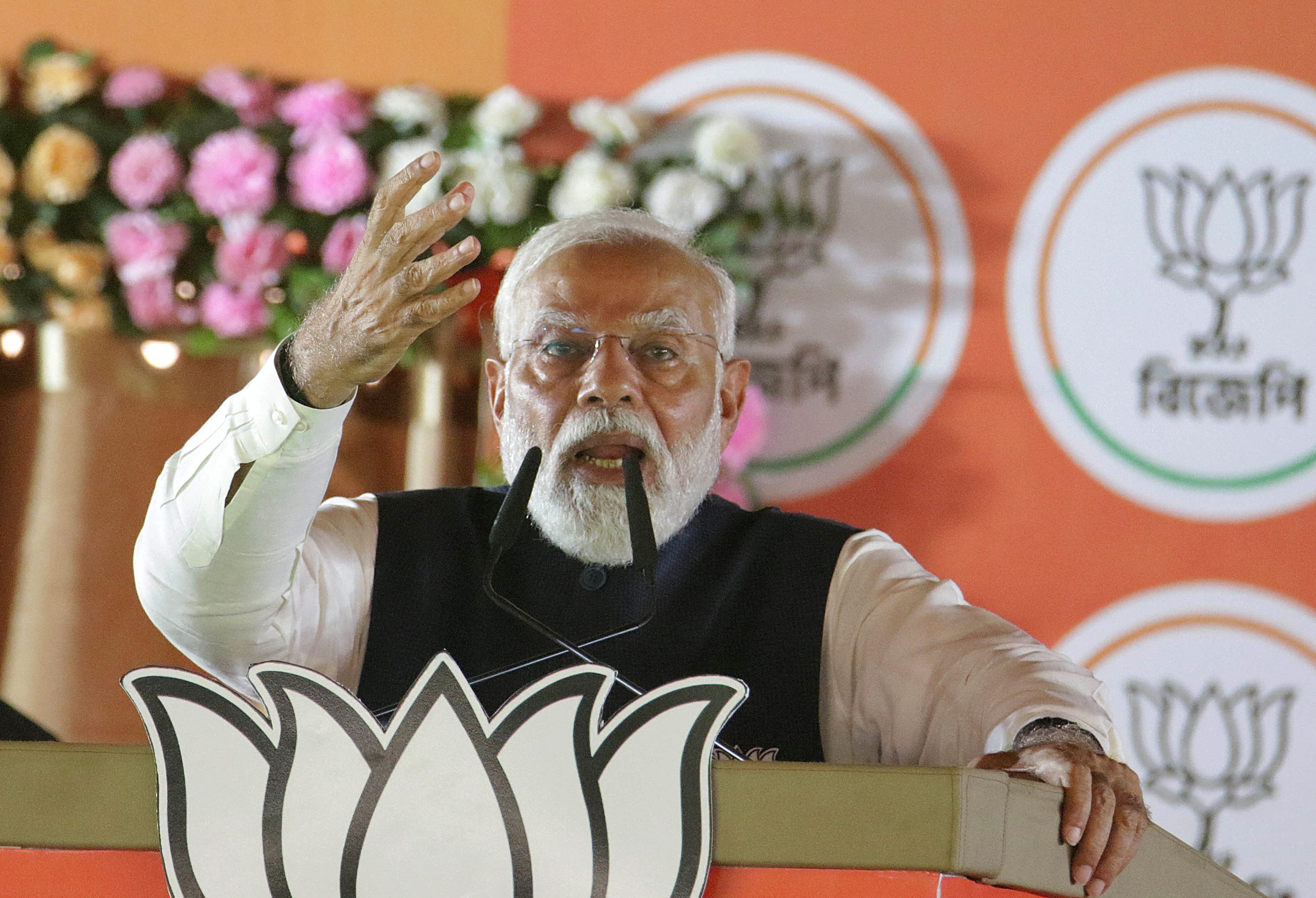 India’s Prime Minister Narendra Modi addresses his supporters during an election campaign rally in Balurghat in the eastern state of West Bengal, India, April 16, 2024. REUTERS/Stringer