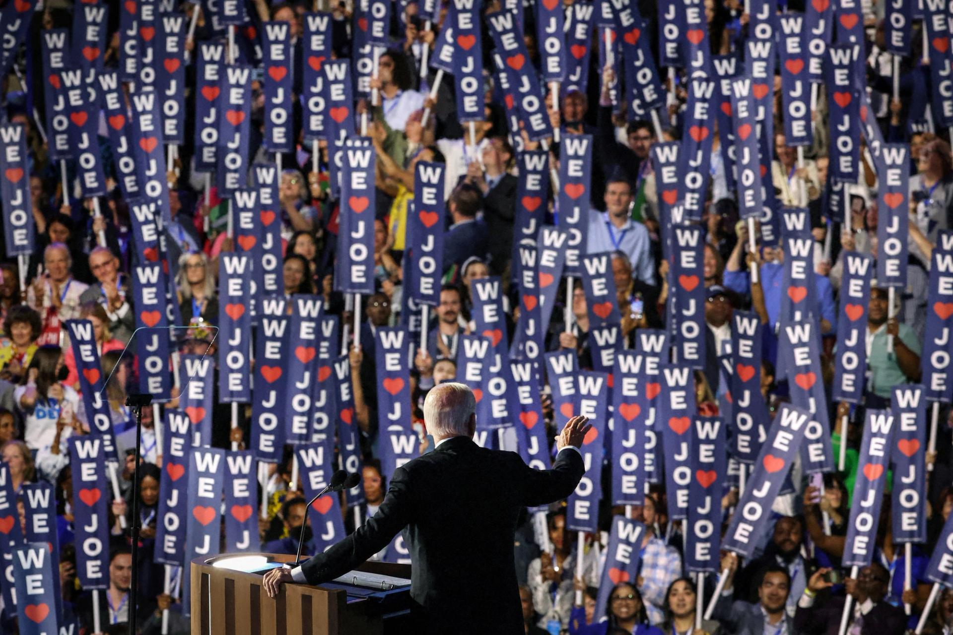Democratic National Convention delegates greet Joe Biden in 2024
