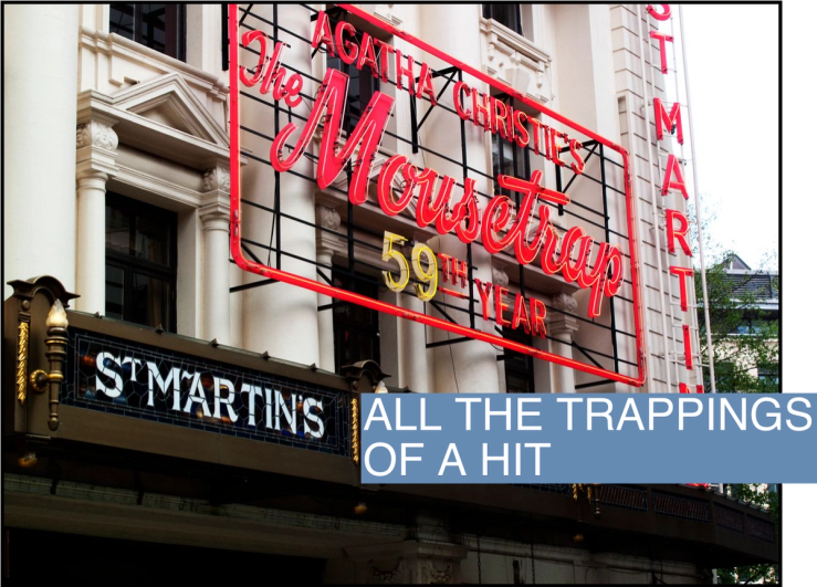 A neon sign advertising the 59th anniversary of The Mousetrap hangs above St. Martin’s Theatre in London.