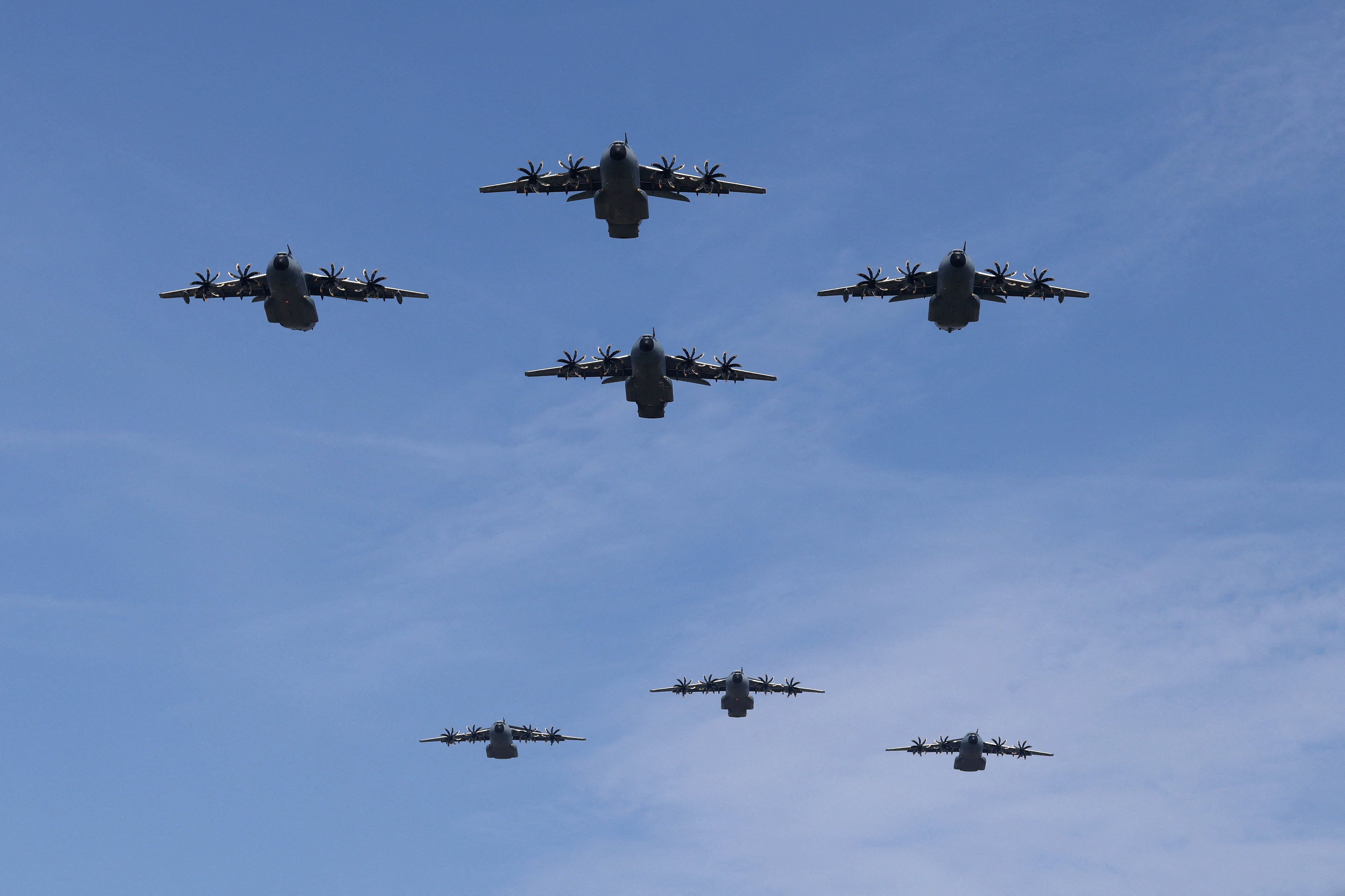 Airbus A400M military aircrafts fly over France.