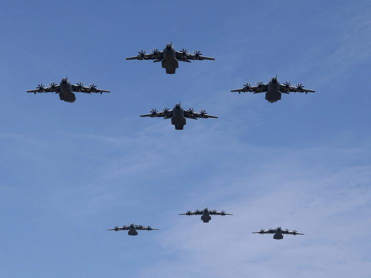 Airbus A400M military aircrafts fly over France.