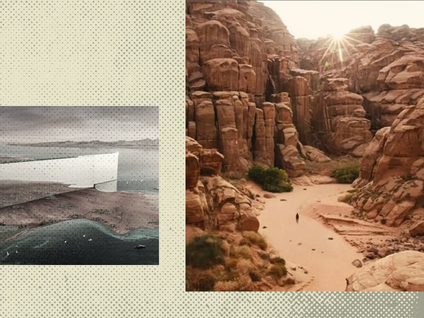 A graphic illustration showing a collage of images of NEOM.
