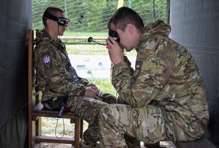 Ukrainian servicemen perform drone exercises