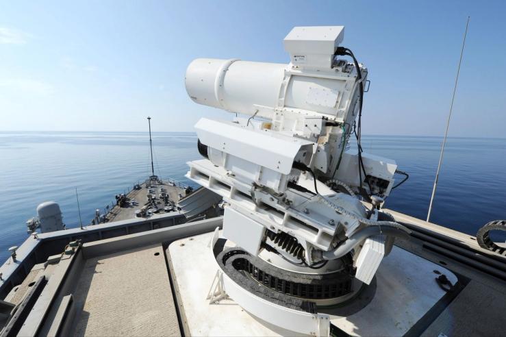 A laser weapon system being tested aboard the USS Ponce.