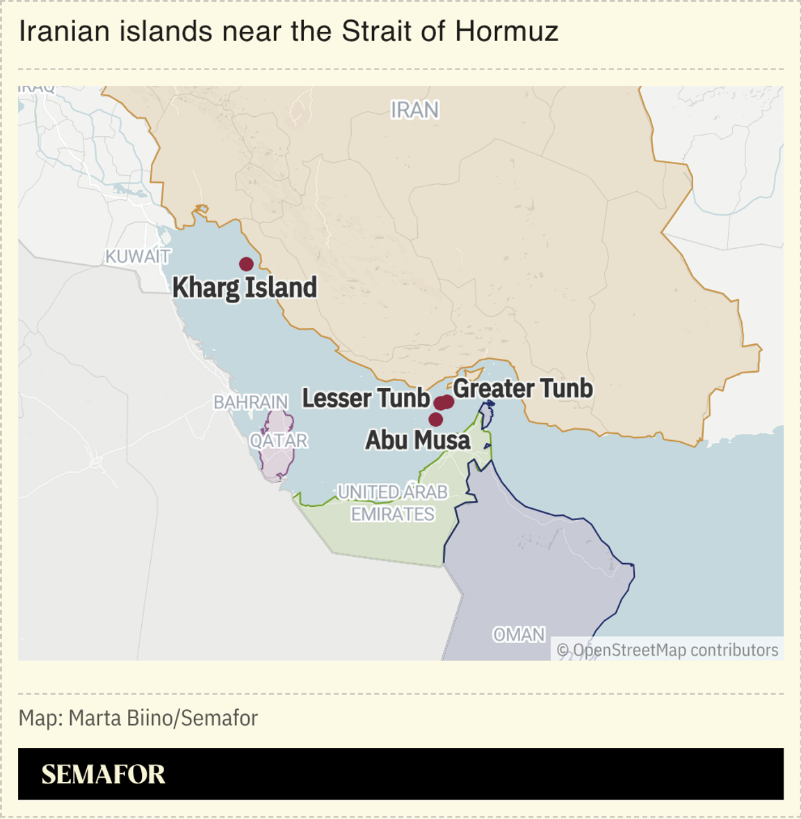 A map showing islands near the Strait of Hormuz.