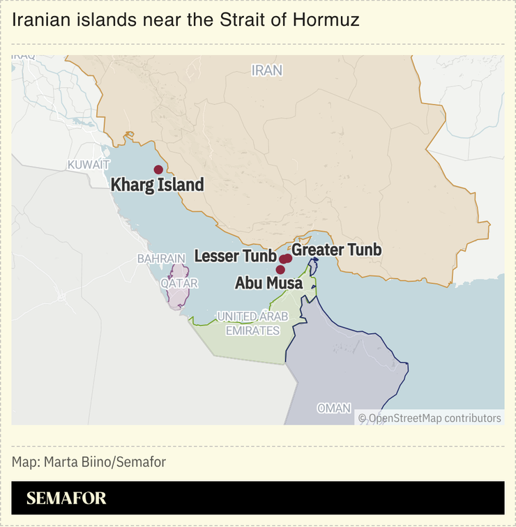 A map showing key Iranian islands close to the Strait of Hormuz.