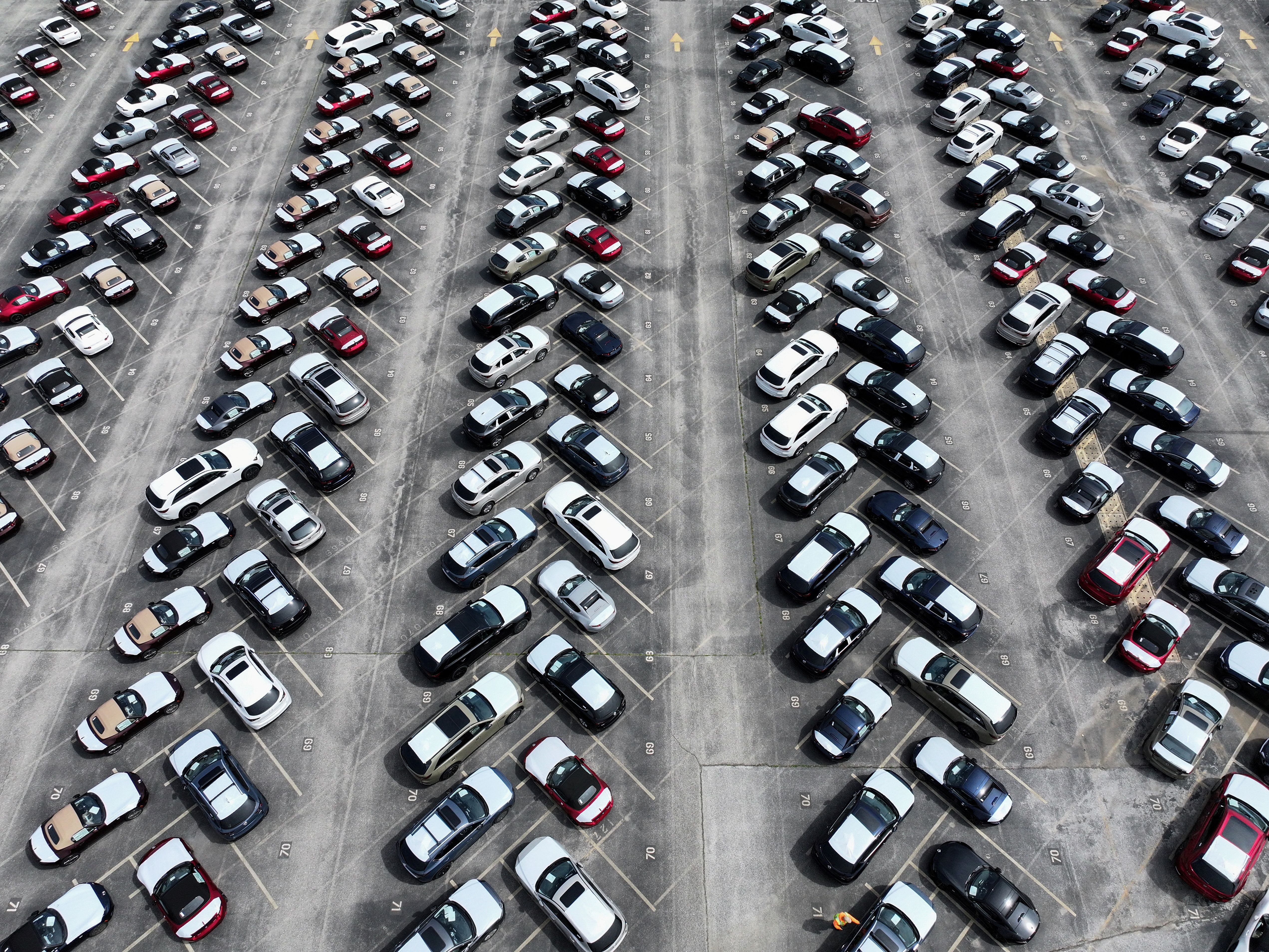 A drone view shows cars on the day U.S. President Donald Trump is set to announce new tariffs, at the Port of Baltimore, Maryland, U.S., April 2, 2025.