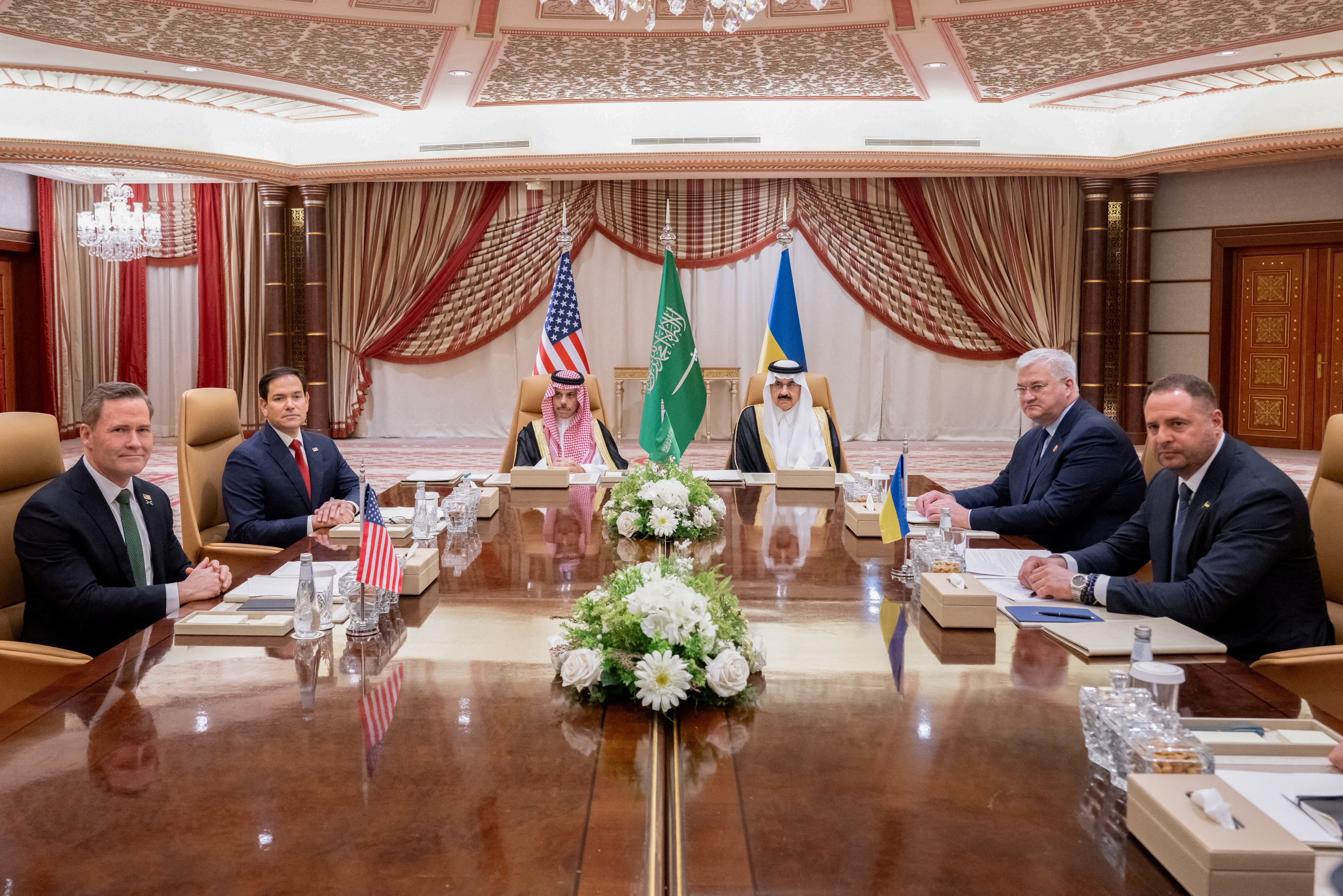U.S Secretary of State Marco Rubio, U.S National Security Advisor Mike Waltz, Ukrainian Foreign Minister Andrii Sybiha and Ukrainian Head of Presidential Office Andriy Yermak hold a meeting in the presence of Saudi Foreign Minister Faisal bin Farhan and National Security Advisor Mosaad bin Mohammad Al-Aiban, in Jeddah, Saudi Arabia.