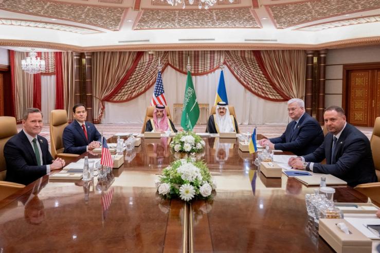 U.S Secretary of State Marco Rubio, U.S National Security Advisor Mike Waltz, Ukrainian Foreign Minister Andrii Sybiha and Ukrainian Head of Presidential Office Andriy Yermak hold a meeting in the presence of Saudi Foreign Minister Faisal bin Farhan and National Security Advisor Mosaad bin Mohammad Al-Aiban, in Jeddah, Saudi Arabia.