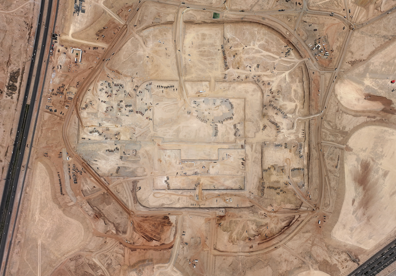 Aerial view of the Mukaab construction site.