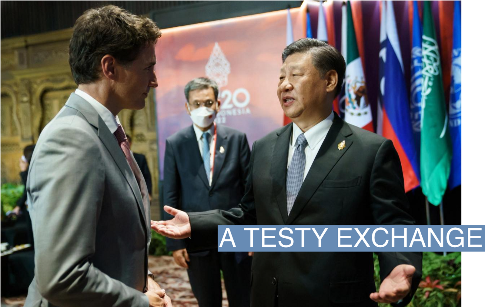 Canada's Prime Minister Justin Trudeau speaks with China's President Xi Jinping at the G20 Leaders' Summit in Bali, Indonesia