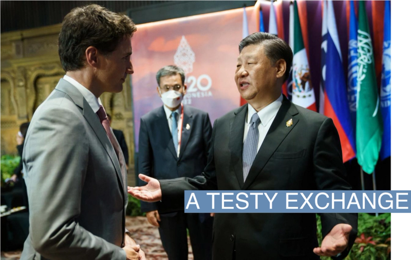 Canada’s Prime Minister Justin Trudeau speaks with China’s President Xi Jinping at the G20 Leaders’ Summit in Bali, Indonesia