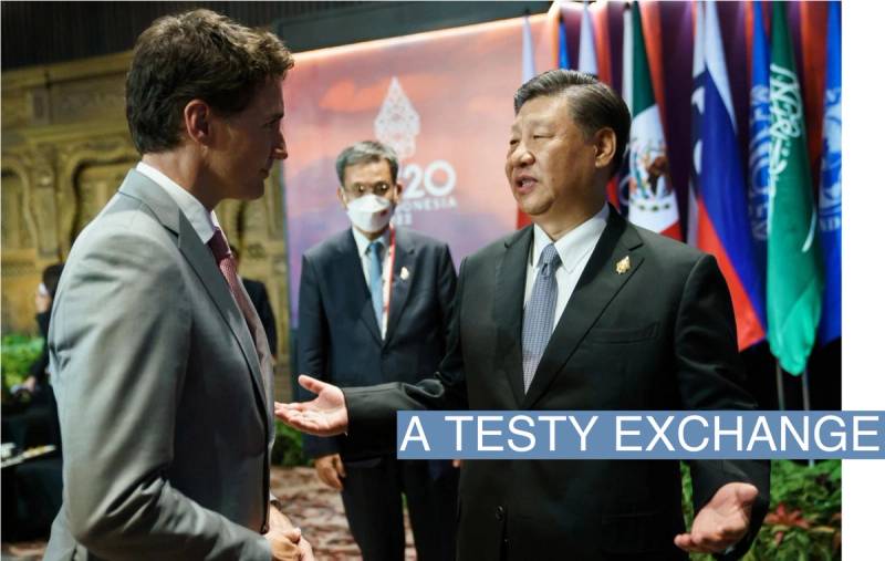 Canada's Prime Minister Justin Trudeau speaks with China's President Xi Jinping at the G20 Leaders' Summit in Bali, Indonesia
